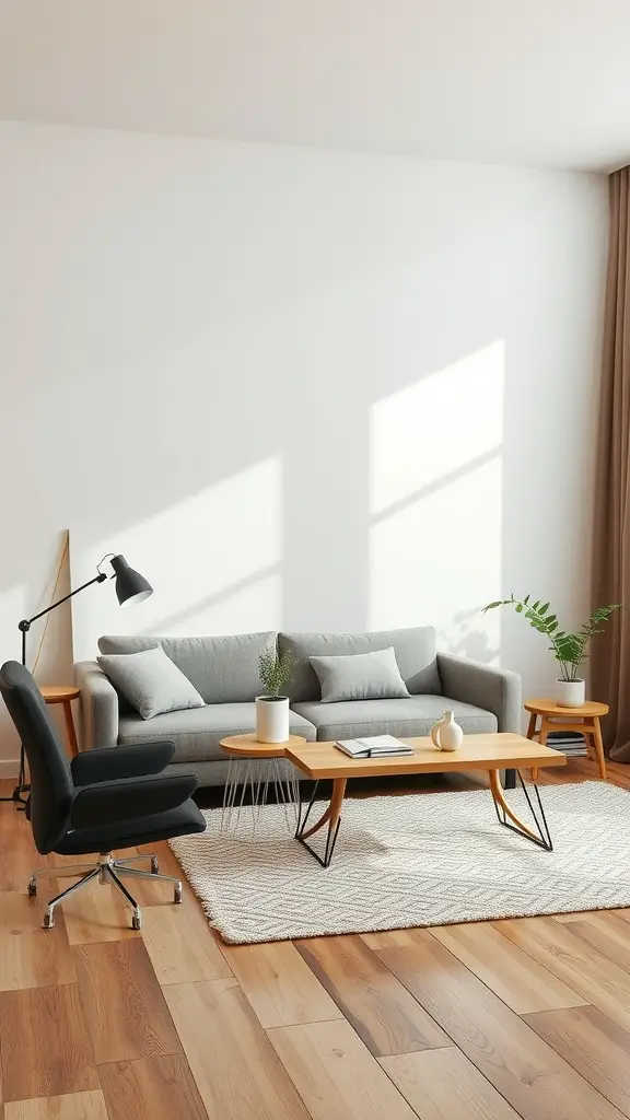 A modern living room featuring a gray sofa, black swivel chair, wooden coffee table, and potted plants, all bathed in natural light.