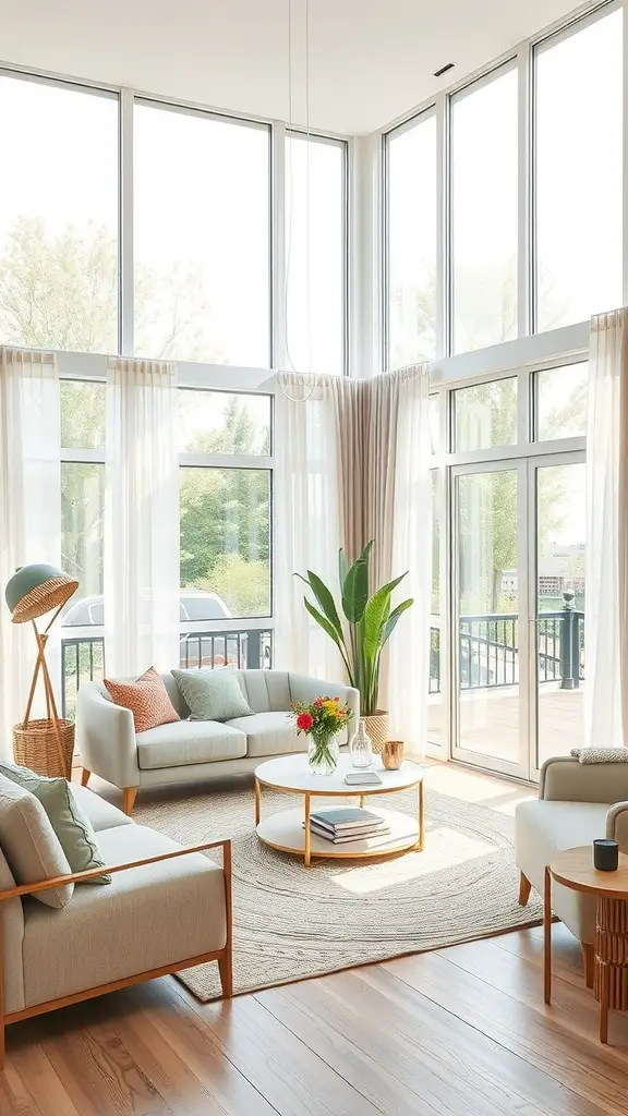 Bright living room with large windows, light furniture, and a tall plant