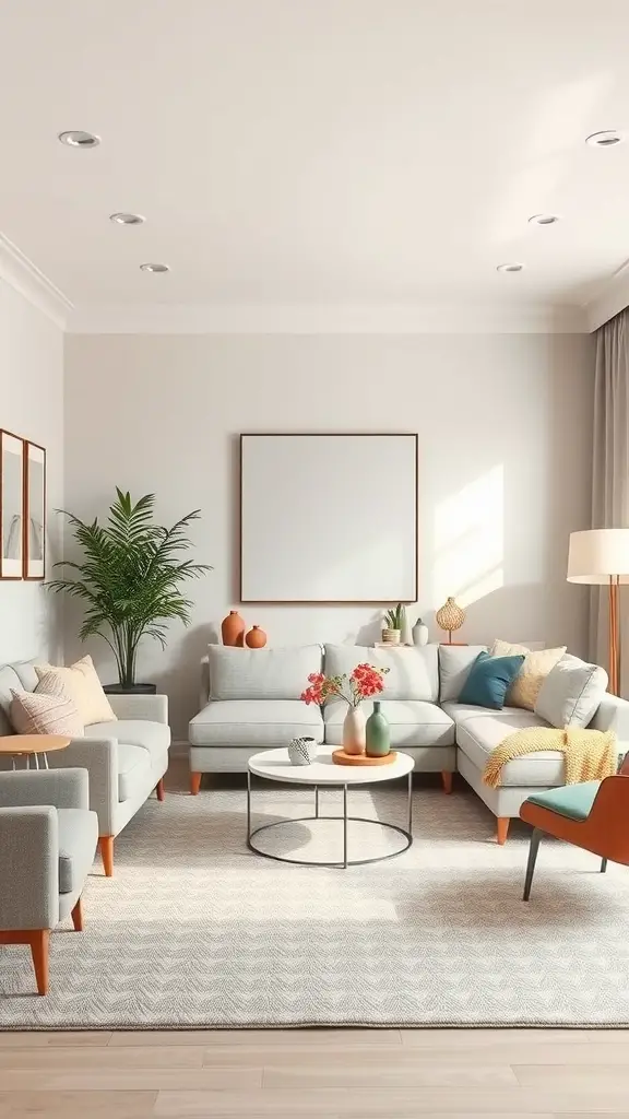 A stylish living room featuring neutral tones, grey sofas, colorful cushions, and a round coffee table.