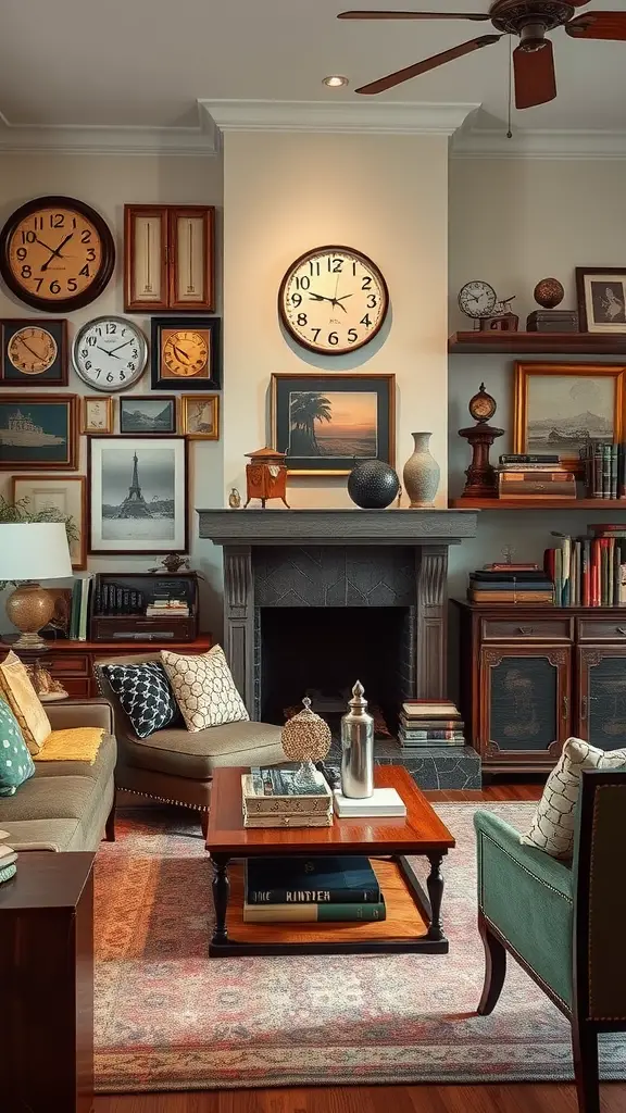 A vintage-inspired living room with multiple clocks on the wall, a classic TV, wooden furniture, and a cozy feel.