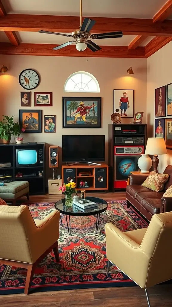 A cozy living room featuring retro decor elements like vintage televisions, framed art, and a classic sofa.