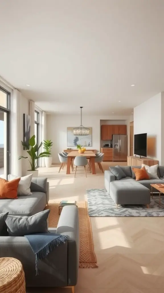 A modern open concept living room with gray sofas, colorful cushions, and a dining area in the background.