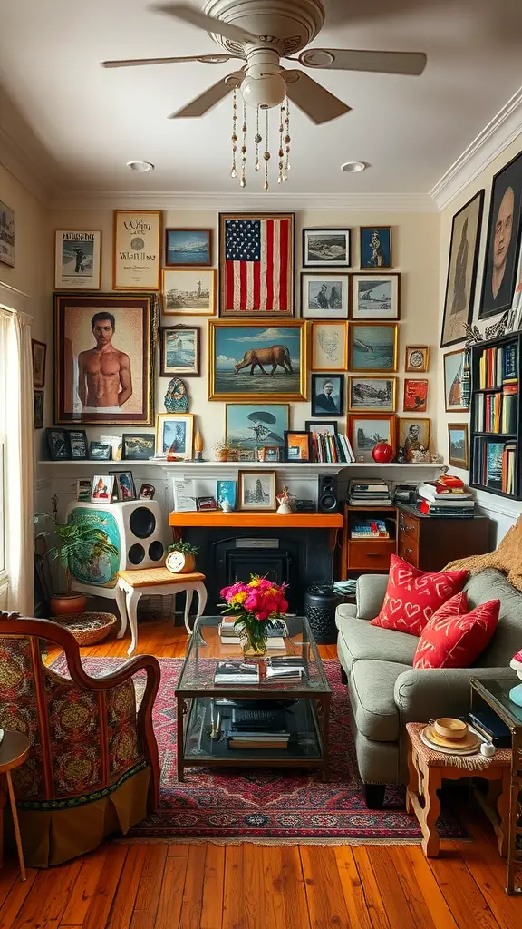 A cozy living room filled with a mix of framed artwork, comfortable furniture, and personal touches.