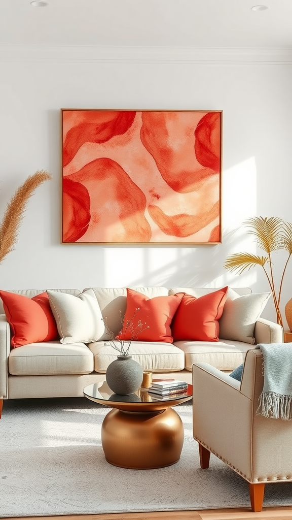 A living room featuring a cream sofa with coral pillows, a glass-top coffee table, and coral wall art, creating a warm and inviting space.