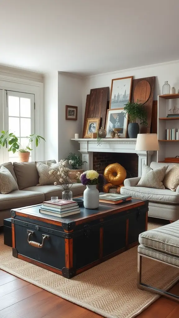 A cozy living room featuring a repurposed vintage trunk as a coffee table, surrounded by comfortable couches, artwork, and plants.