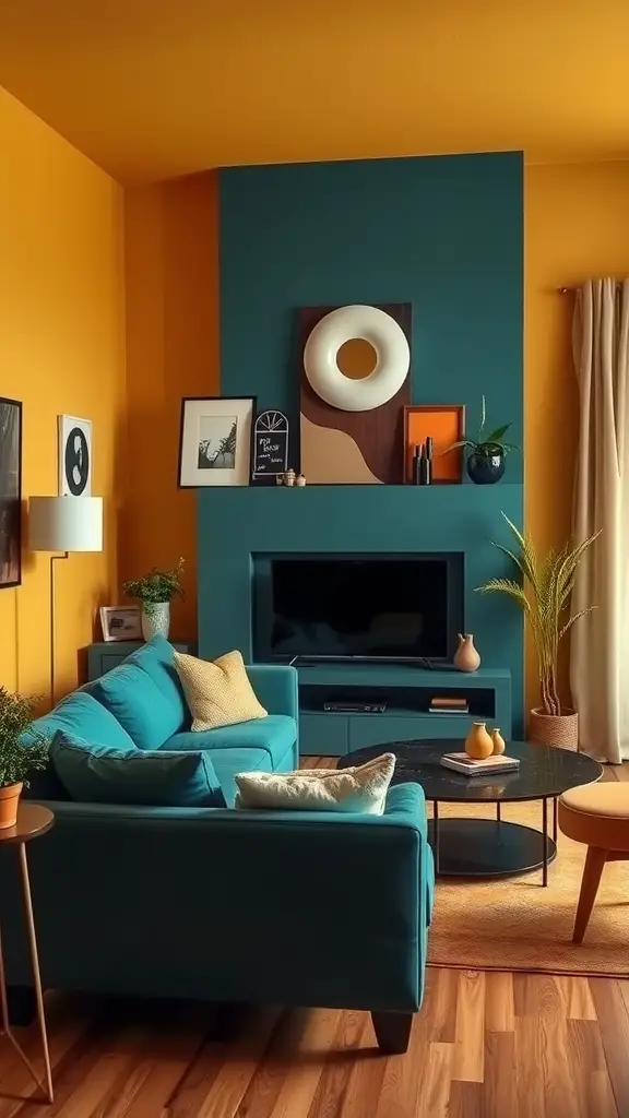 A living room featuring retro color palettes with a teal sofa, orange walls, and modern decor.