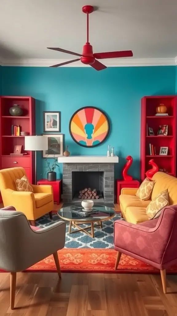 A vibrant living room featuring turquoise walls, red furniture, and bright yellow chairs, showcasing a retro decor style.