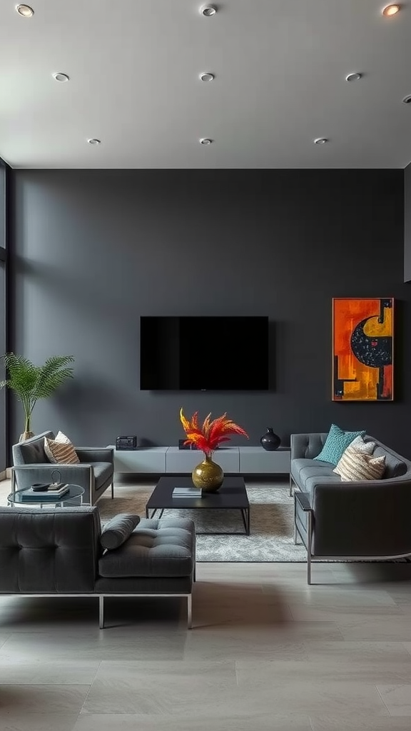 A modern living room featuring charcoal grey walls, stylish furniture, and bright floral decor.