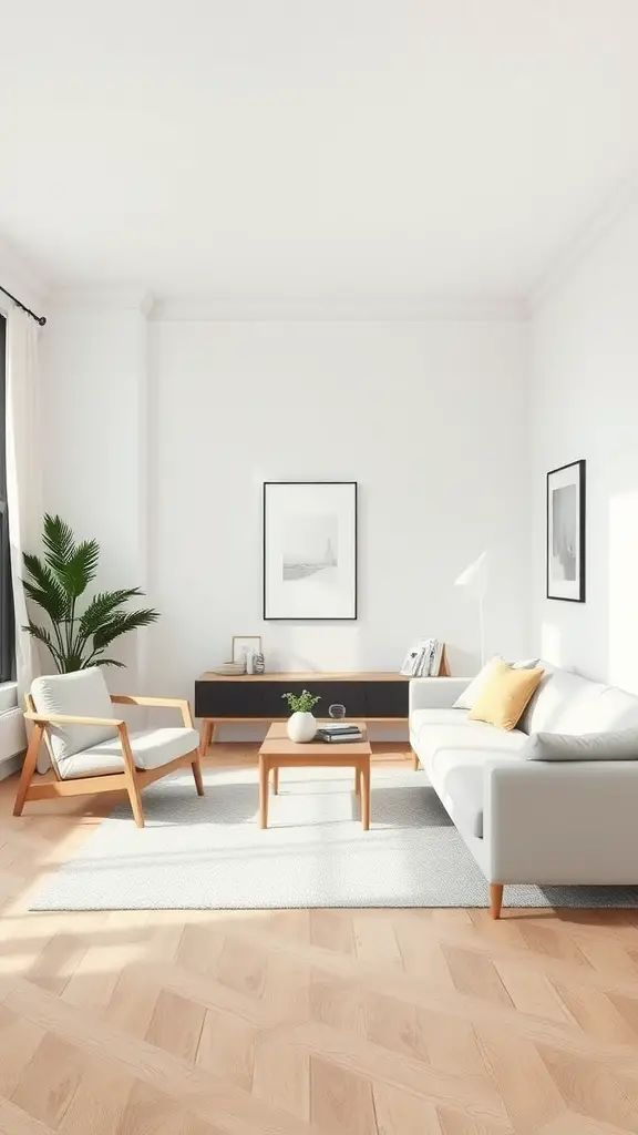 A bright, minimalist Scandinavian living room with light wood flooring, white walls, a cozy sofa, and simple decor.