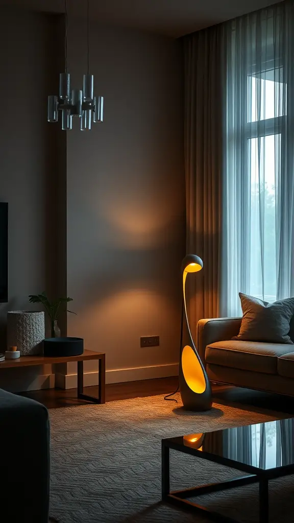 A stylish sculptural table lamp emitting warm light in a modern living room setting.