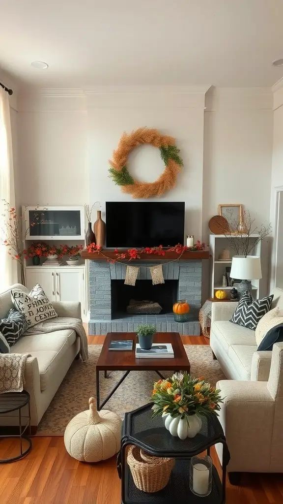 A cozy living room decorated for fall with pumpkins, a wreath, and floral arrangements.