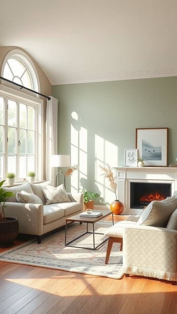 A serene living room featuring sage green walls, cozy furniture, and natural light.