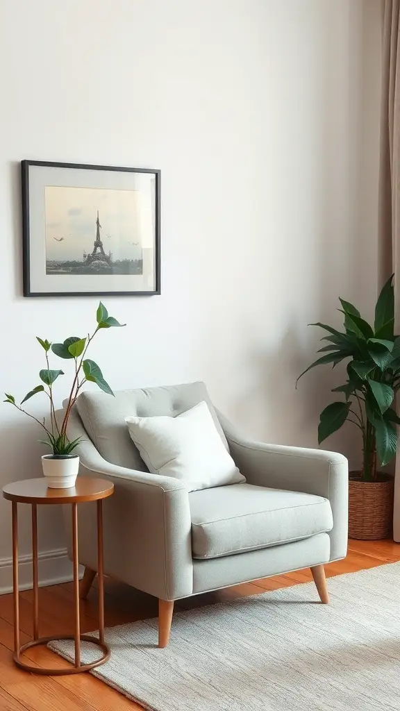 A sleek accent chair with a light fabric, a side table, a potted plant, and framed artwork on the wall.