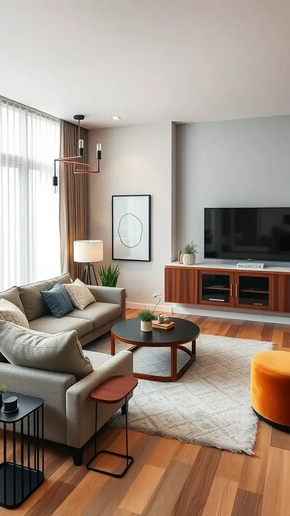 A modern living room featuring smart home integration elements like a sleek TV, stylish furniture, and smart lighting.