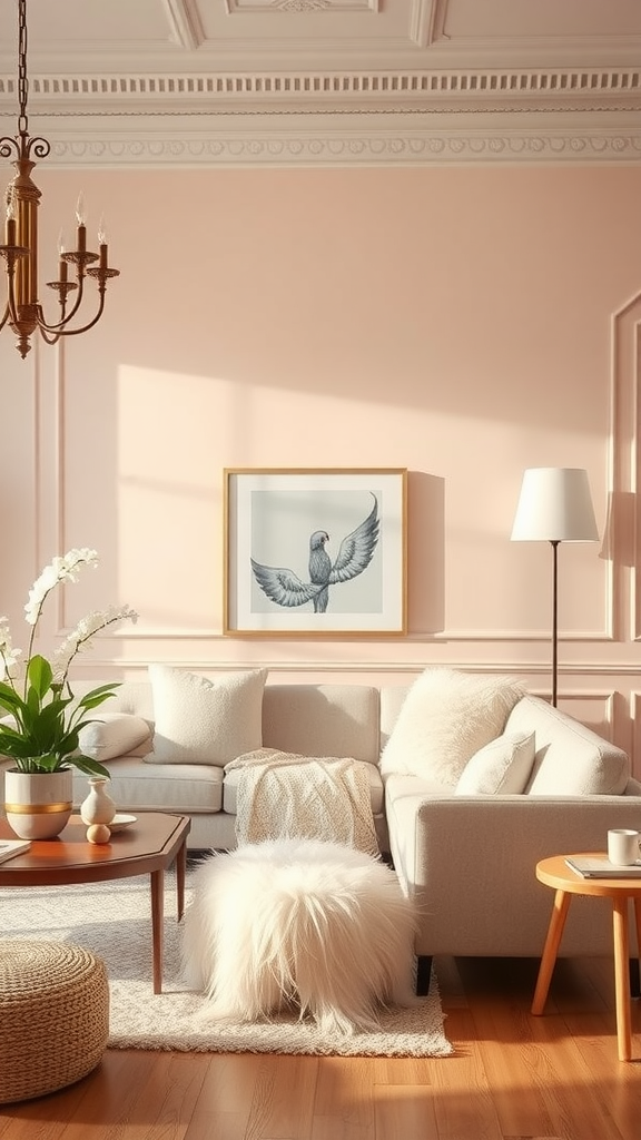 A cozy living room featuring soft blush walls, neutral furniture, and a touch of greenery.