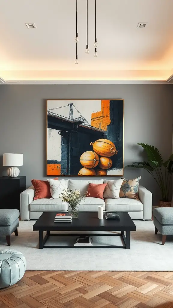 A modern living room featuring a bold piece of statement art above a sofa, with stylish decor and warm colors.