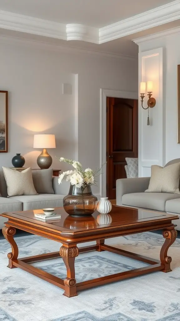 Elegant wooden coffee table in a cozy living room setting