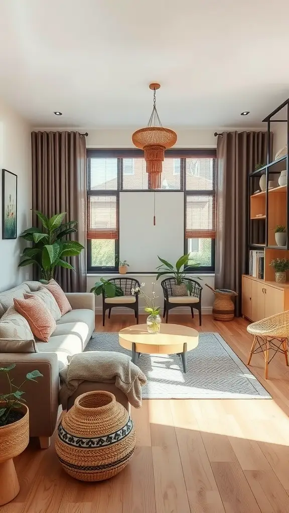 A cozy living room with natural materials, plants, and sustainable decor elements