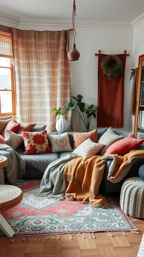 Cozy living room with a layered textile look, featuring a sofa with colorful cushions and throws, a patterned rug, and plants.