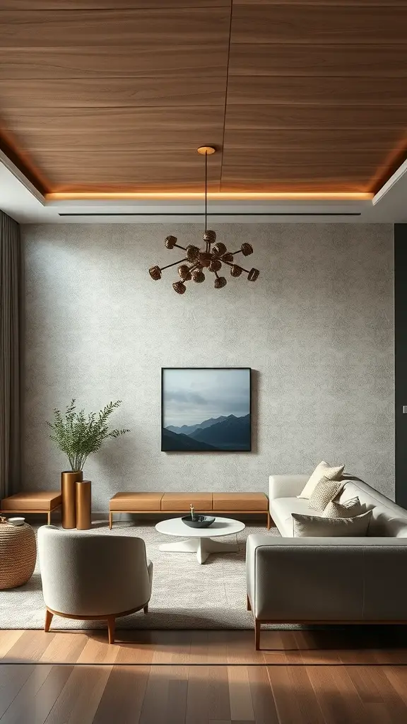 A modern living room featuring textured walls and a wooden ceiling, with stylish furniture and decor.