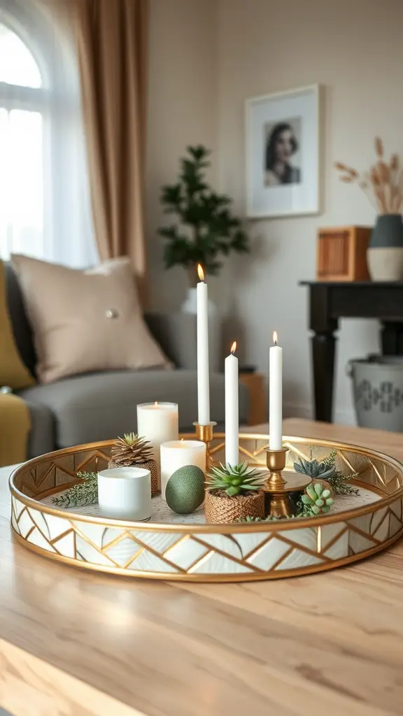 A stylish decorative tray with candles and natural elements on a coffee table.