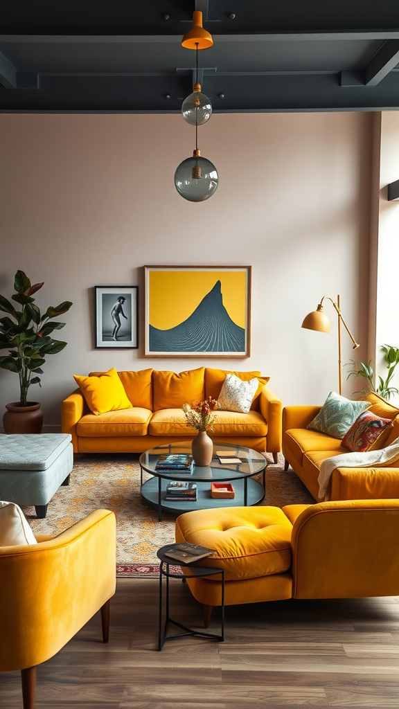 A stylish living room featuring vibrant mustard yellow furniture, a cozy layout, and colorful artwork.