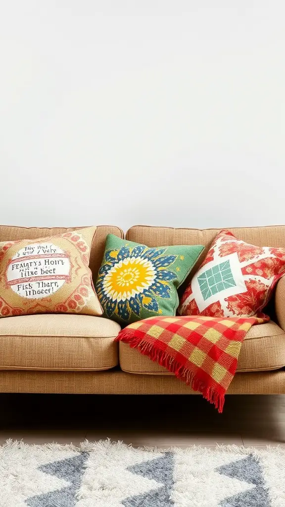 A cozy couch with vibrant throw pillows featuring different patterns and colors.