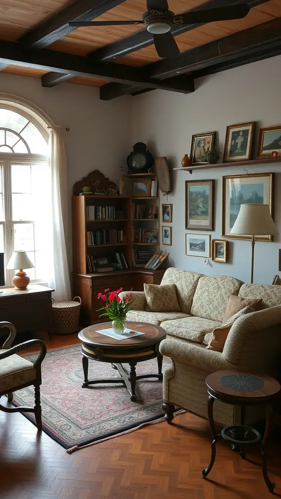 A cozy living room with vintage furniture, featuring a sofa, coffee tables, and wall art.