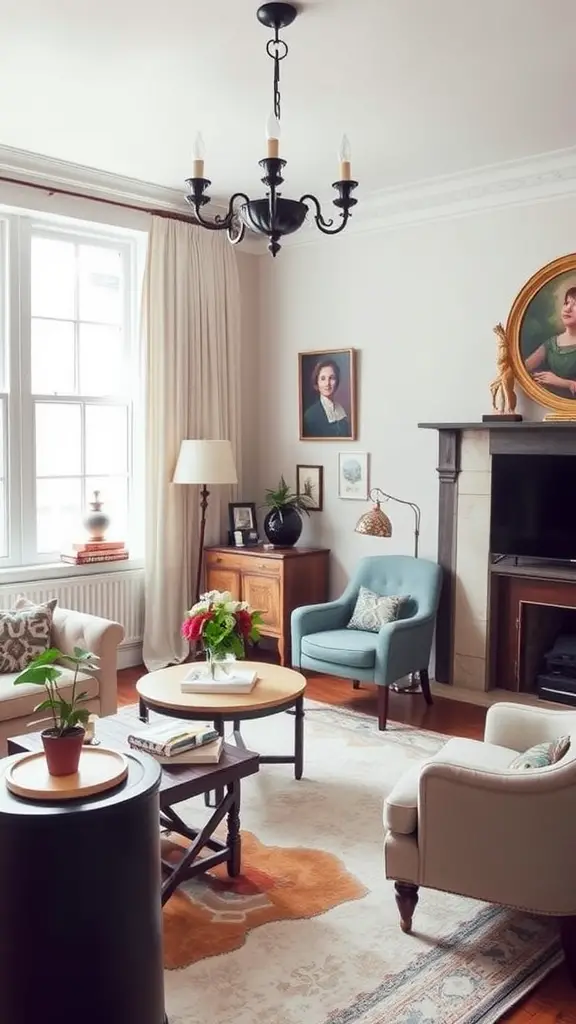 A cozy living room featuring vintage decor with light-colored sofas, plants, and wooden furniture.