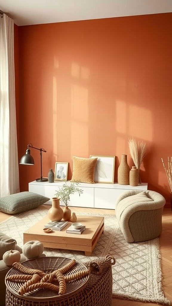 A cozy living room featuring warm terracotta walls, soft furnishings, and natural decor elements.