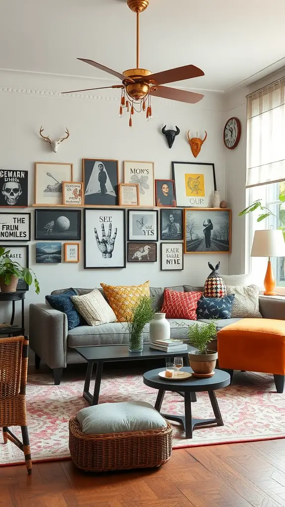 A cozy living room with a gallery wall, colorful throw pillows, and whimsical decor accents.