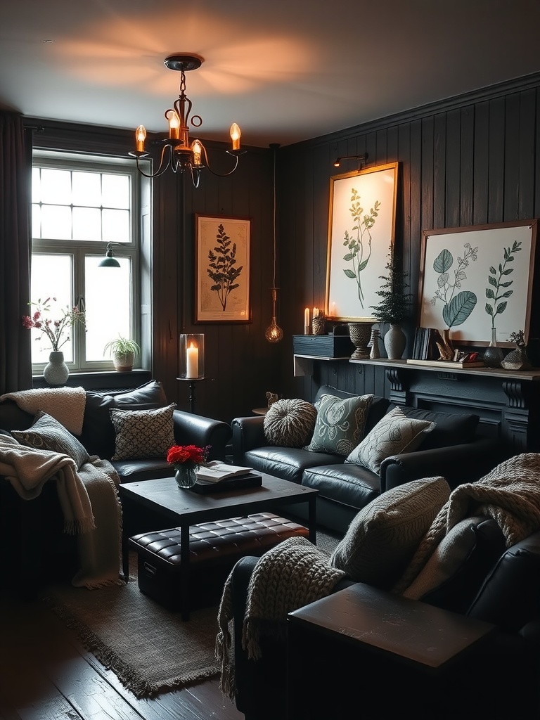 A cozy dark living room featuring layered textures with leather sofas, cushions, green plants, and warm lighting.