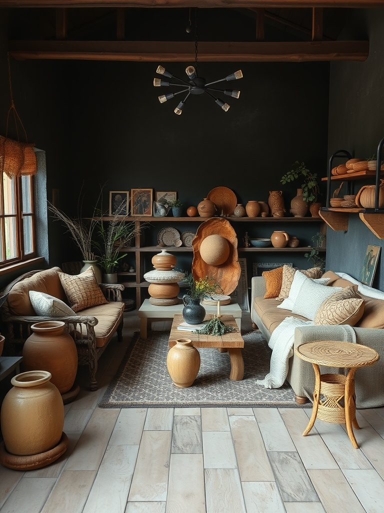 A cozy living room with dark walls, rustic furniture, and earthy decor items.