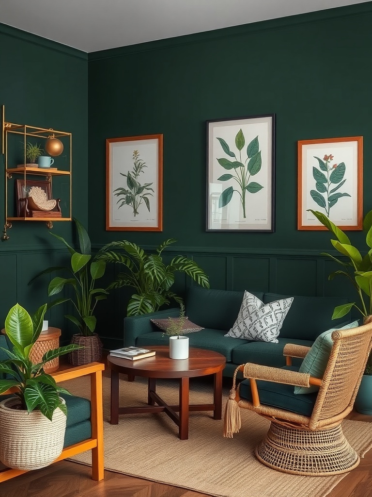 A cozy dark green living room filled with plants and botanical artwork