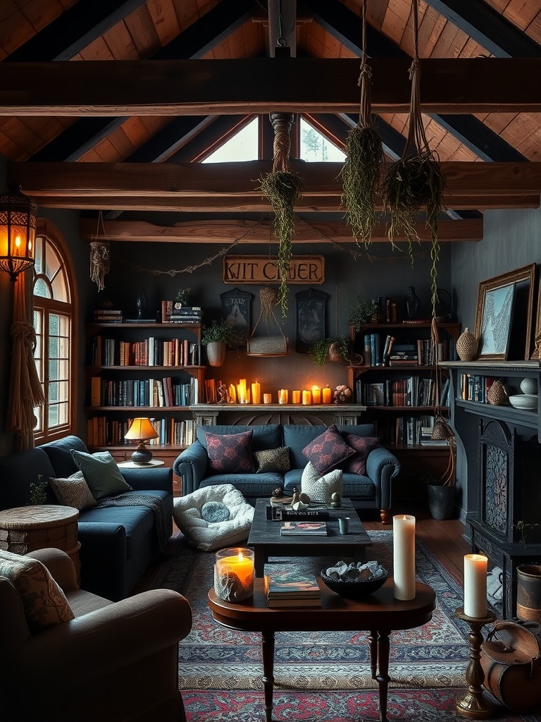 A cozy witchy living room featuring dark walls, plush sofas, candles, bookshelves, and hanging plants.