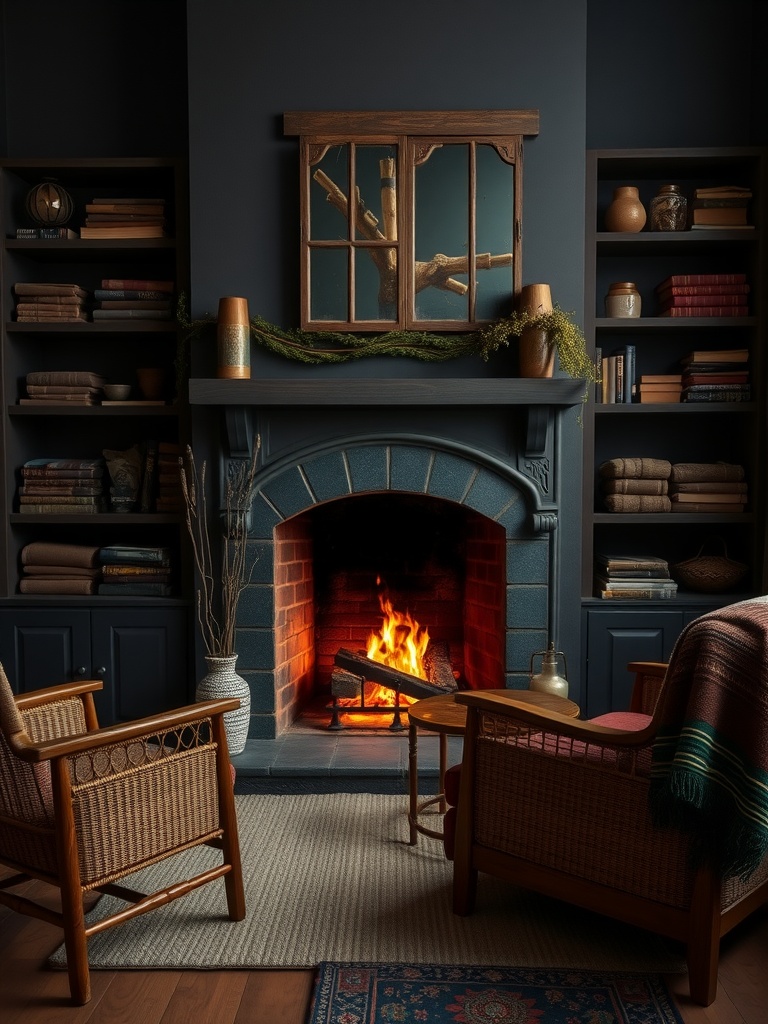 Cozy dark living room with a fireplace, wicker chairs, and bookshelves