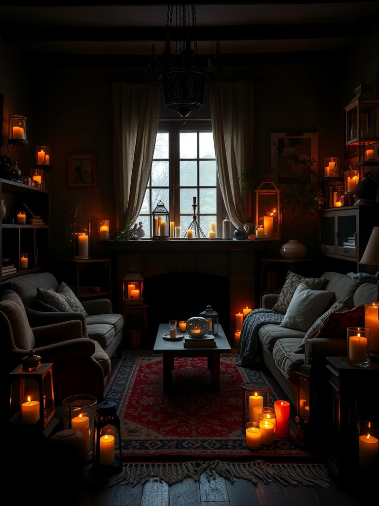 A dark living room illuminated by candles and lanterns, featuring cozy seating and a warm atmosphere.