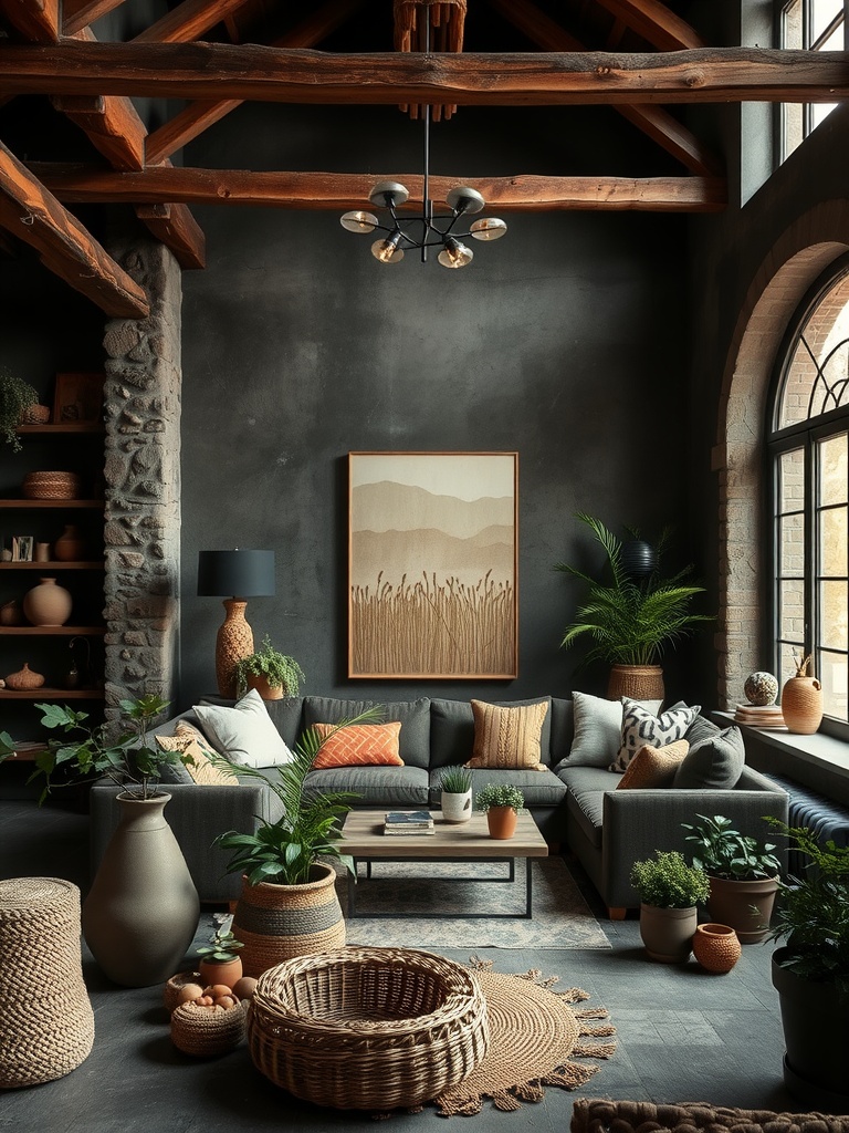 A cozy living room featuring dark walls, a gray sofa, natural elements like plants and woven baskets, and wooden beams.