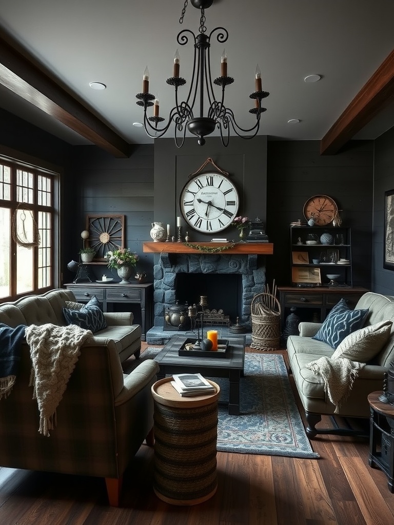 A cozy Gothic farmhouse living room featuring plush sofas, a large clock, a stone fireplace, and a decorative chandelier.