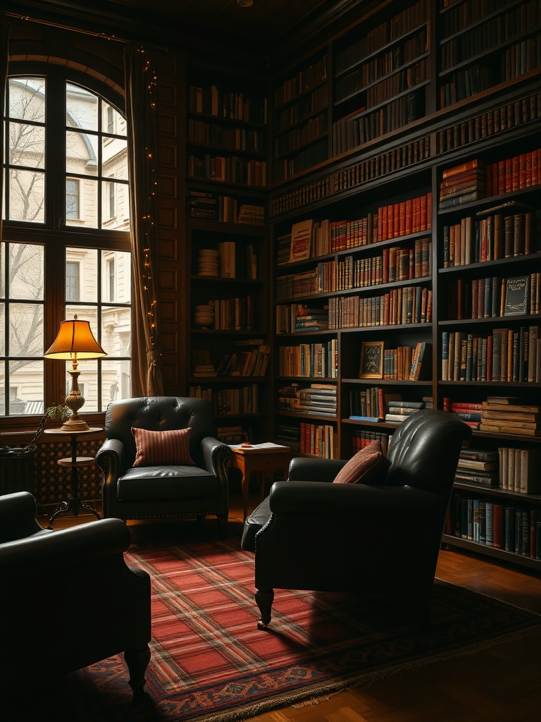 A cozy dark academia living room featuring black armchairs, a wooden bookshelf filled with books, and warm lighting from a lamp.