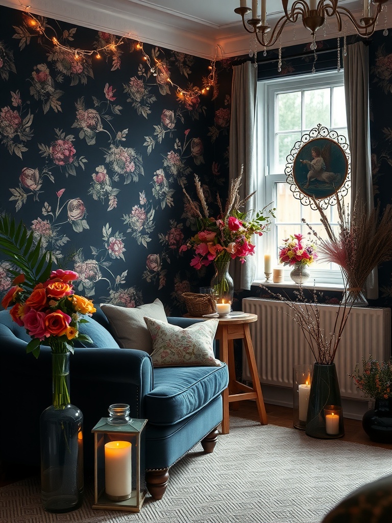 Cozy dark living room featuring floral wallpaper, a blue sofa, and warm lighting.