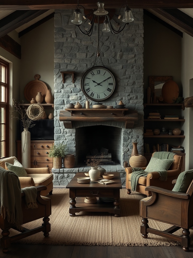 A moody farmhouse living room featuring a stone fireplace, wooden furniture, and earthy tones.