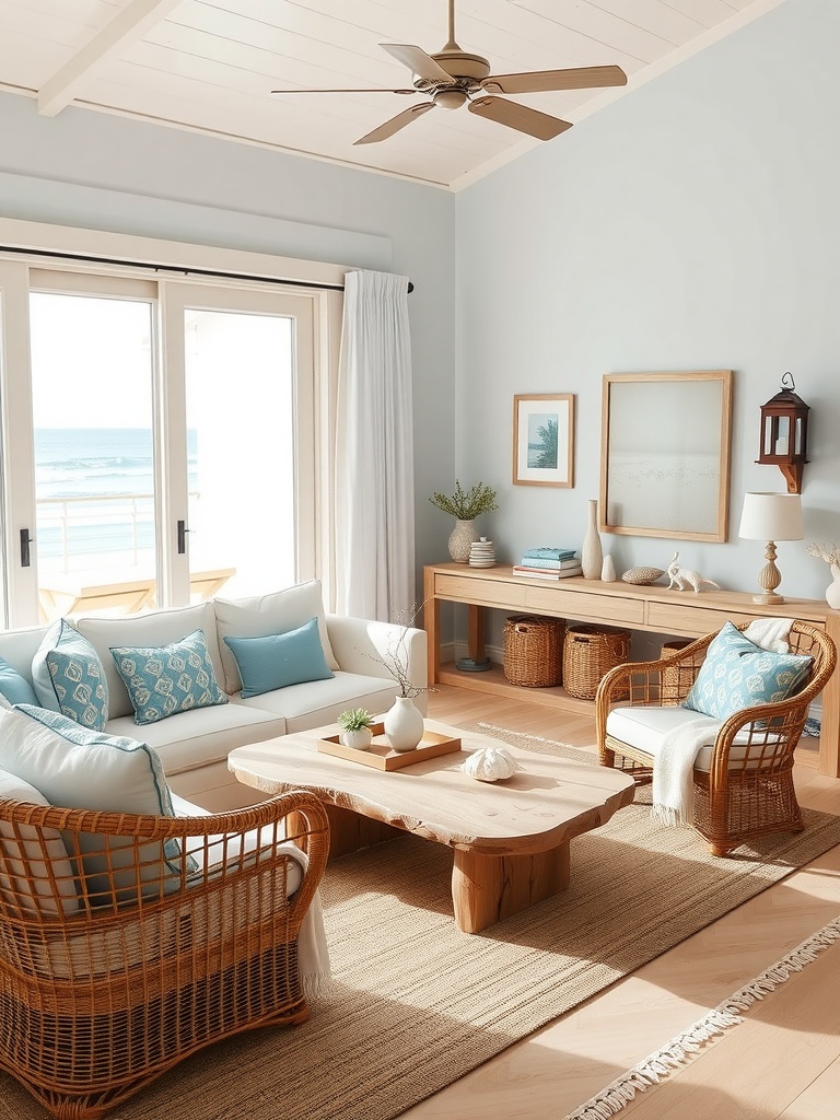 Coastal living room with large windows, white sofa, wicker chairs, and natural decor.