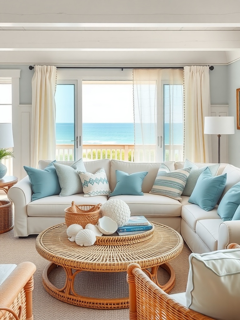 A bright and airy coastal living room with ocean views, featuring a light sectional sofa and rattan furniture.