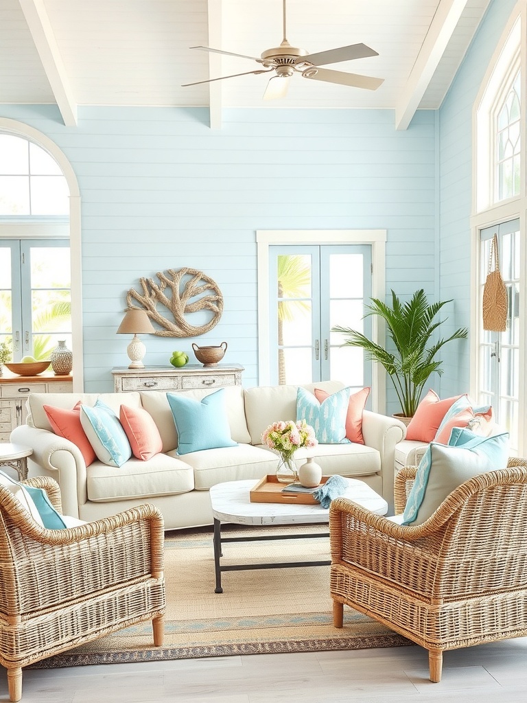 Bright living room with blue walls, cream sofa, colorful cushions, and wicker chairs, evoking a coastal vibe.