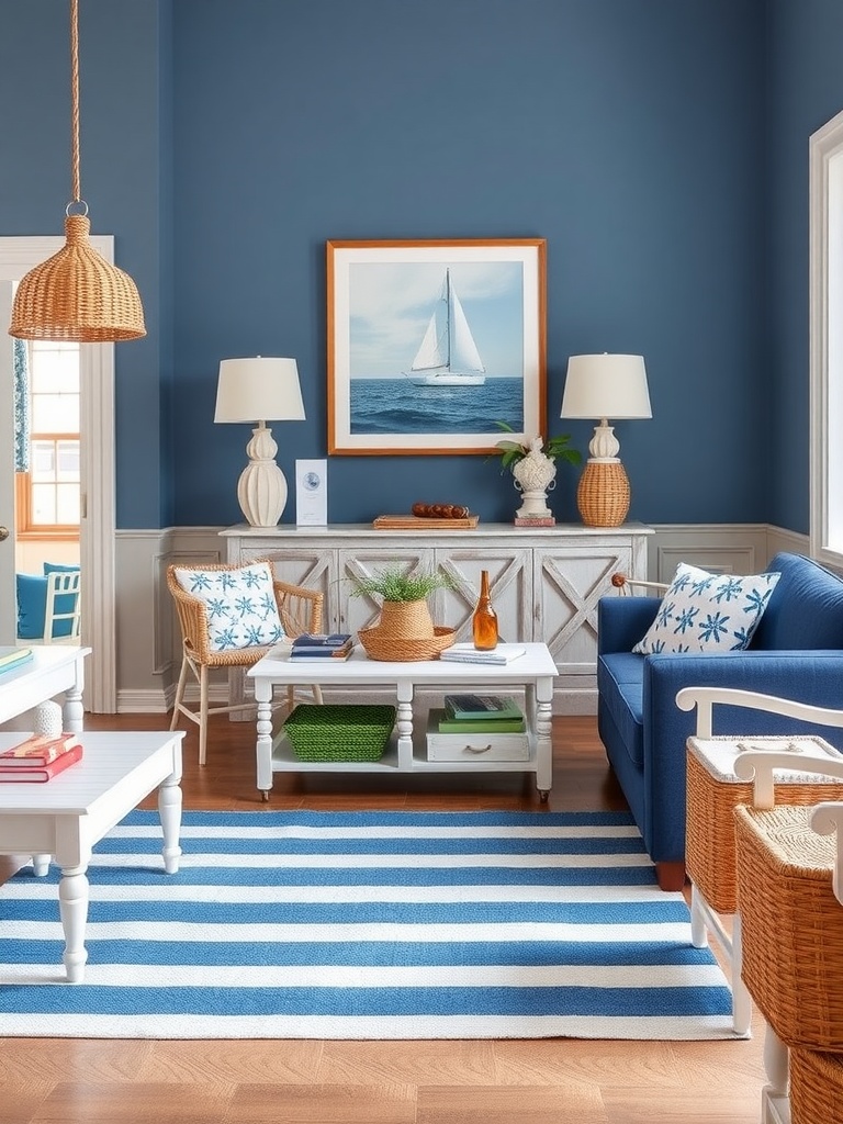 A coastal living room with blue walls, nautical accents, and beach-inspired decor.