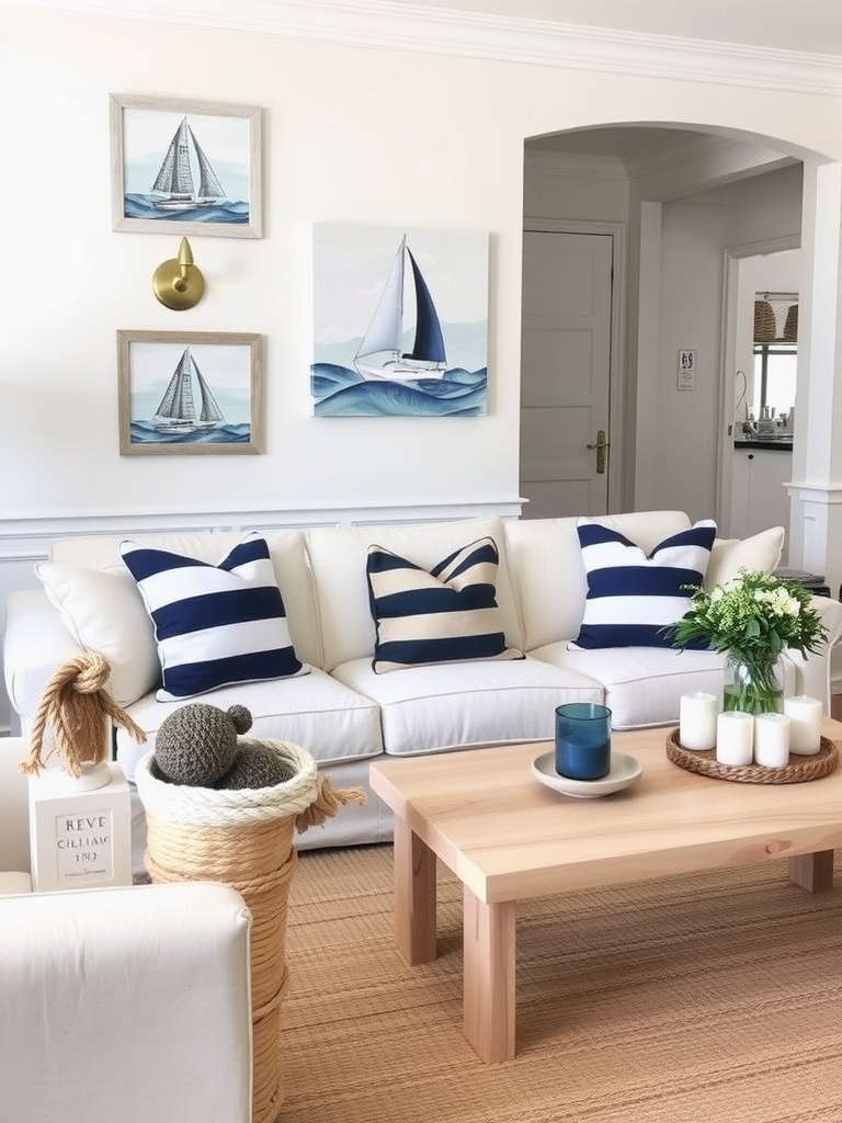 Coastal living room featuring a white sofa with navy striped pillows, nautical artwork, and a wooden coffee table.