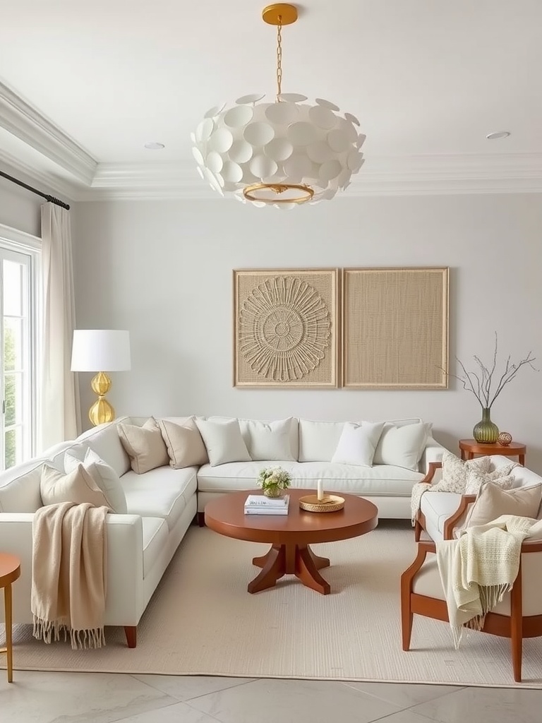 Coastal chic living room featuring a white sectional sofa, wooden coffee table, unique pendant light, and neutral decor.