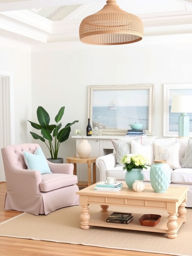 Coastal living room featuring soft pastel colors with a pink armchair, white sofa, and natural decor elements