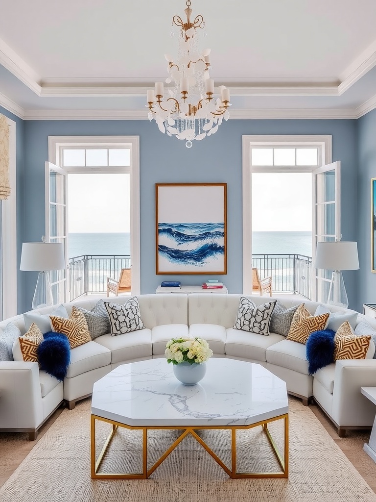 Elegant coastal living room with white sectional sofa, marble coffee table, and blue walls